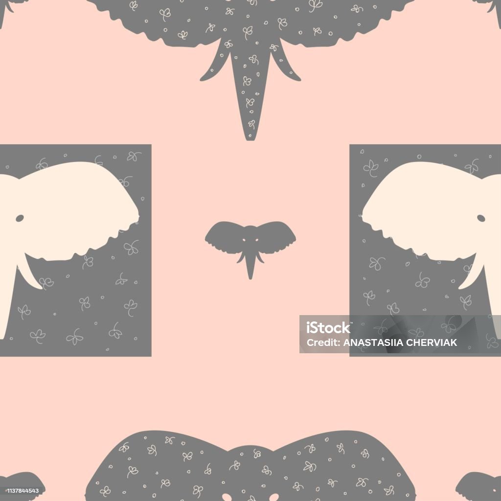 pattern with elephants' heads pink and grey pattern with heads of elephants African Elephant stock vector
