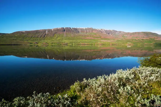 Photo of Lake Ljosavatn in North Iceland near Akureyri in summer day.