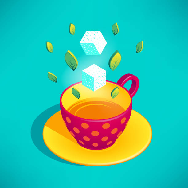 illustrations, cliparts, dessins animés et icônes de illustration vectorielle isométrique colorée d'une tasse rouge de thé avec des feuilles de thé et des cubes de sucre flottant au-dessus. mug avec motif à pois dans le style rétro - tea cup cup shape red