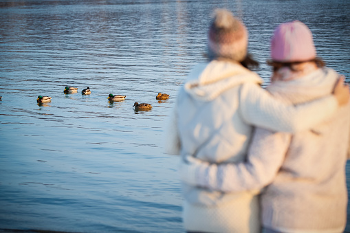 Copy space shot of two women enjoying the view on ducks swimming in the lake during winter.