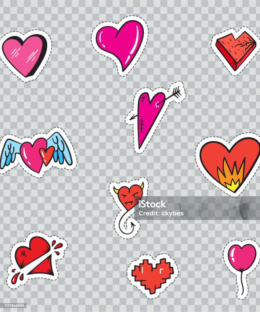 Patch Badges With Hearts Vector Illustration Isolated On Transparent  Background Set Pack Of Stickers Pins Patches In Cartoon 80s 90s Comic Style  Stock Illustration - Download Image Now - iStock