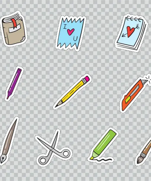Vector illustration of Patch Badges with Creators Accessories. Vector illustration isolated on transparent background. Set Pack of stickers, pins, patches in cartoon 80's - 90's comic style.