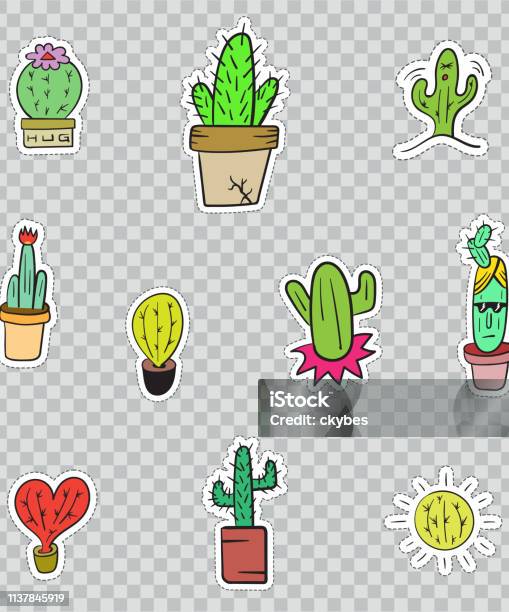 Patch Badges With Cactus Vector Illustration Isolated On Transparent  Background Set Pack Of Stickers Pins Patches In Cartoon 80s 90s Comic Style  Stock Illustration - Download Image Now - iStock