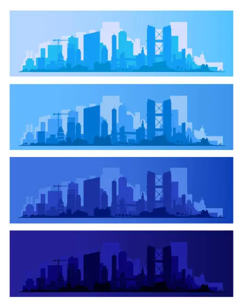 Vector illustration of Trendy city skyline colored sets in different time of the day. Vector illustration