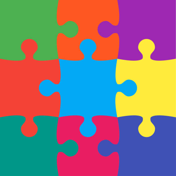 광장 배경, 직소 퍼즐 9 색 별도의 조각, 세부 사항, 부품 배너. 인포 그래픽. - solution jigsaw piece jigsaw puzzle problems stock illustrations