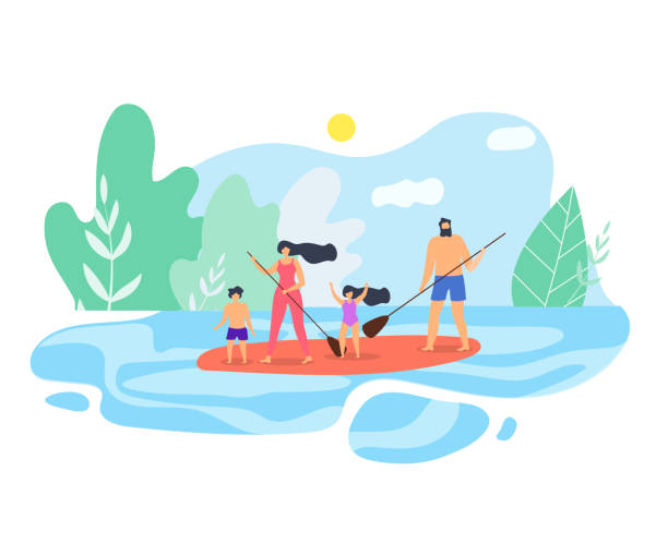 ilustrações de stock, clip art, desenhos animados e ícones de vector flat illustration family vacation on lake - rowboat nautical vessel men cartoon