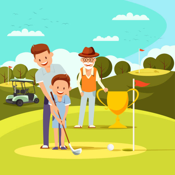 ilustraciones, imágenes clip art, dibujos animados e iconos de stock de padre alegre enseñando niño pequeño a jugar golf. - retirement golfer happiness relaxation