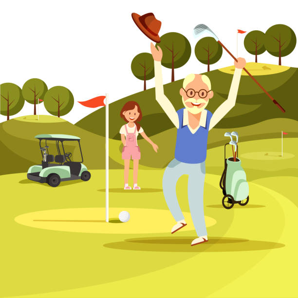 행복 한 즐거운 수석 남자 그린 골프 필드에 점프. - senior couple golf retirement action stock illustrations