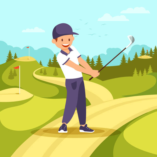 illustrations, cliparts, dessins animés et icônes de jeune homme souriant dans le sport uniforme hold golf club. - sports flag golf individual sports sports and fitness