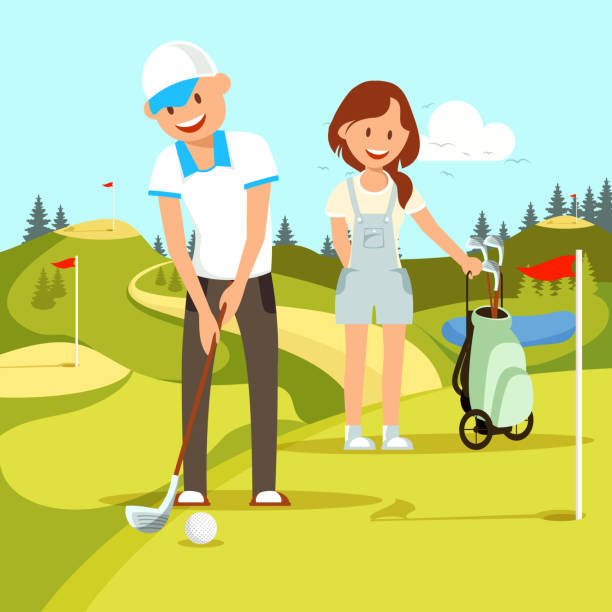 ilustraciones, imágenes clip art, dibujos animados e iconos de stock de joven pareja feliz de hombre y mujer jugando al golf. - retirement golfer happiness relaxation