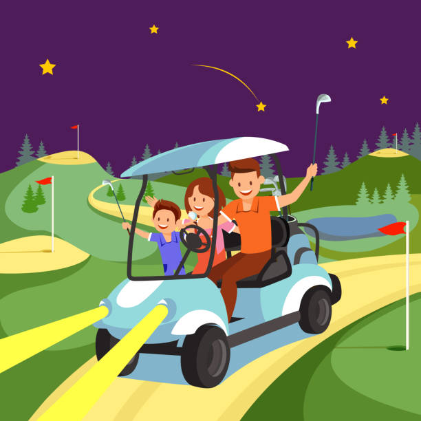 Happy Family Ride by Cart on Golf Course at Night. Beautiful Happy Family Riding by Cart on Golf Course at Night Time. Mom, Dad and Little Son Driving Sport Car with Lighting Headlights. Country Sports Club or Resort. Cartoon Flat Vector Illustration. woman driving car night stock illustrations