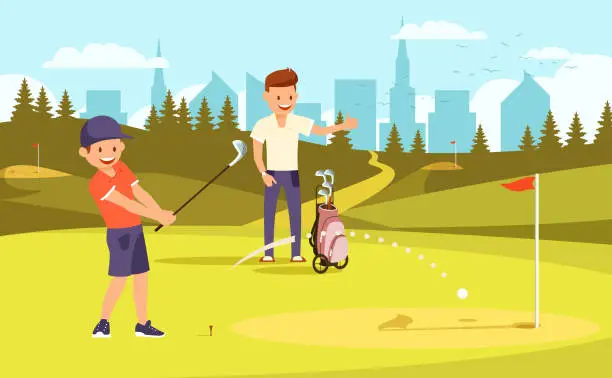 Vector illustration of Junior Sporty Golfer Practicing on Driving Range.