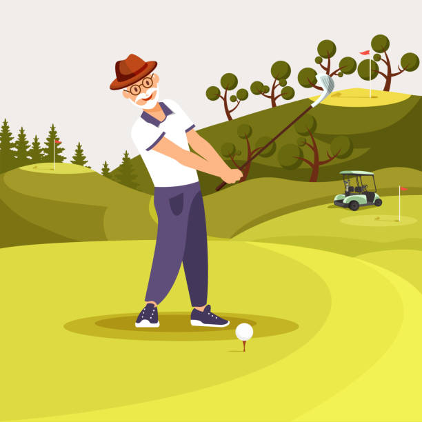 ilustraciones, imágenes clip art, dibujos animados e iconos de stock de feliz hombre barbudo senior en uniforme jugando al golf. - putting down