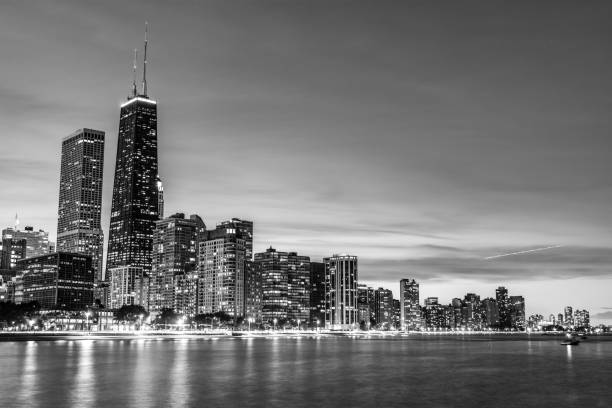 Black and White Chicago Skyline at Night