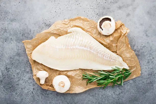 Photo of Fillet of sea white cod fish on parchment with fresh raw champignons before cooking. Zero waste kitchen. Healthy food seafood. Top view, space.