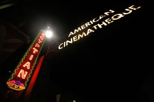 Hollywood, California, USA - January 18, 2019: Views of the Egyptian American Cinematheque at night in Hollywood. The Egyptian is a historic LA landmark located in the heart of the entertainment district.