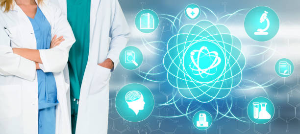 Medical Healthcare Research and Development Concept. Doctor in hospital lab with science health research icon show symbol of medical care technology innovation, medicine discovery and healthcare data. concepto de investigación y desarrollo de salud médica. doctor en laboratorio hospitalario con icono de investigación de salud científica mostrar símbolo de innovación en tecnología de atención médica, descubrimiento de medicamentos y datos de sal
