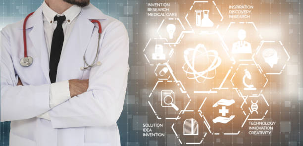Medical Healthcare Research and Development Concept. Doctor in hospital lab with science health research icon show symbol of medical care technology innovation, medicine discovery and healthcare data. concepto de investigación y desarrollo de salud médica. doctor en laboratorio hospitalario con icono de investigación de salud científica mostrar símbolo de innovación en tecnología de atención médica, descubrimiento de medicamentos y datos de sal