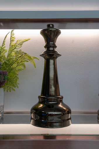 Black paper weight chess piece - shaped on shelf for decoration.