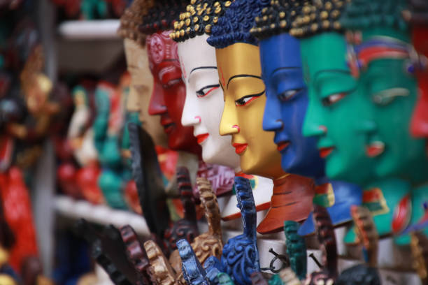 Thamel Kathmandu city, Nepal.Colorful Tradition wooden masks and handicrafts on sale at shop in the Thamel District of Kathmandu, Nepal stock photo