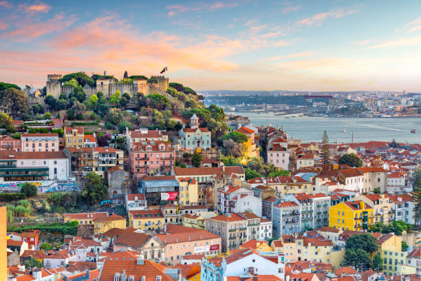 Lisbon, Portugal skyline Lisbon, Portugal skyline at Sao Jorge Castle at sunset. portugal photos stock pictures, royalty-free photos & images