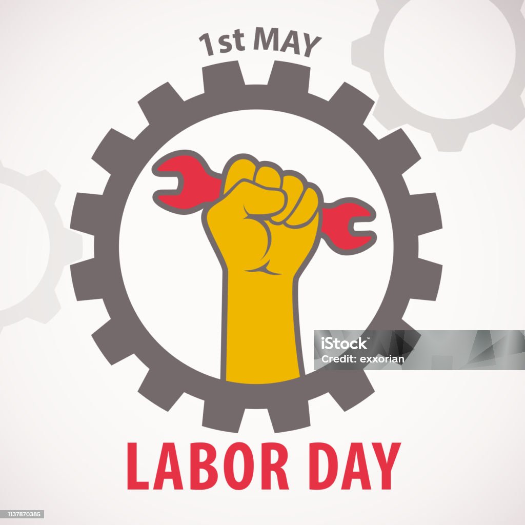 1st May Labor Day Celebration Celebrating the International Labor Day in 1st May with hand holding wrench inside the wheel showing the right of labor Labor Day - North American Holiday stock vector