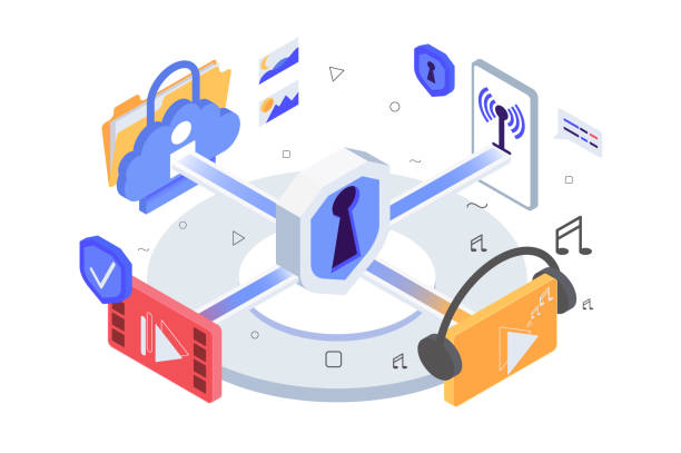 istock Isometric 3d app icons, music, video, wireless network, personal information with data protection. 1137872674