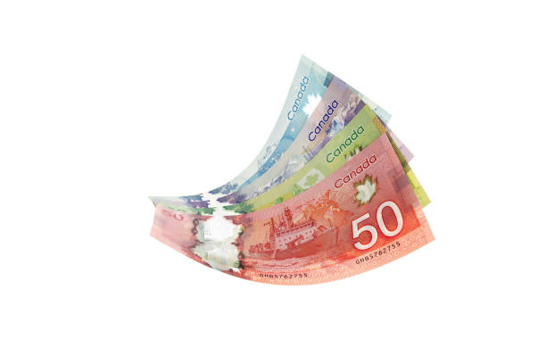 dollari canadesi volanti su sfondo bianco - banconota di dollaro canadese foto e immagini stock
