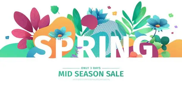 Vector illustration of Template design banner for spring season sale. Promotion offer layout with plants, leaves and floral decoration.  Abstract shape with flowers frame. Vector