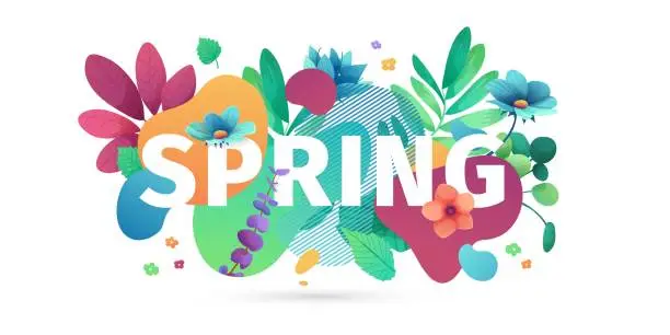 Vector illustration of Template design banner for spring season sale. Promotion offer layout with plants, leaves and floral decoration.  Abstract shape with flowers frame. Vector