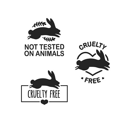 Set animal logo cruelty free. Sign with silhouette rabbit and flower and nature leaf. Design stapm for product not tested on animals. Layout Badge for natural cosmetic.  Vector symbol