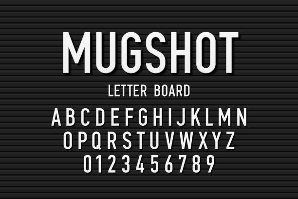 Police mugshot font Police mugshot letter board style font, changeable alphabet letters and numbers vector illustration prison photos stock illustrations