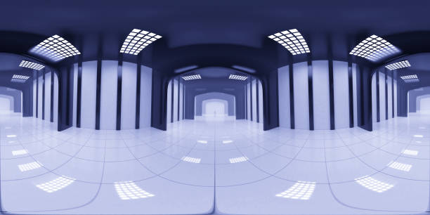 istock 8K HDRI map, spherical environment panorama background, modern high contrast interior light source rendering, huge industrial hall (3d equirectangular render) 1137892238