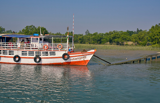 A tourist motorboat moored at riverbanks of Sunderban river delta, near a village in Sajnekhali Bird Sanctuary. This type of motor-boats usually organises tour packages through the rivers of Sunderban delta, including spots like bird sanctuaries, tiger watch tower etc. During trip, most of them (the tour party) collects food stuffs ( vegetables, chicken, fish etc from nearby village markets) as this particular vessel have done so.\nPhoto taken in Sajnekhali, Sunderban @ West Bengal on 01/22/2014.