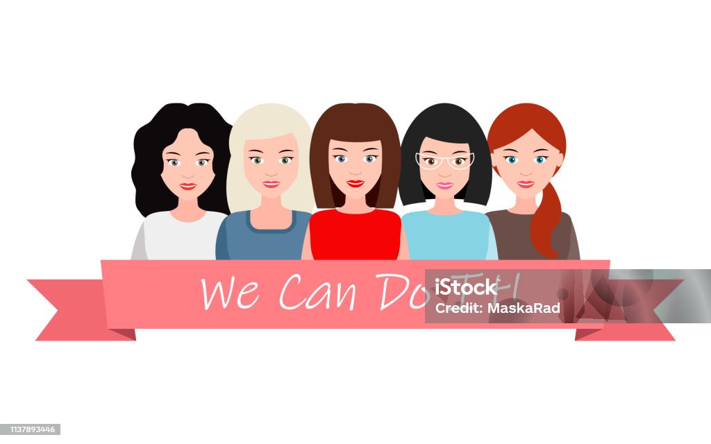 We Can Do It. Symbol of female power, woman rights, protest, feminism. Vector. We Can Do It poster. Strong girl. Symbol of female power, woman rights, protest, feminism. Vector illustration. Group of positive women with smiles, United by a pink ribbon Rosie the Riveter - Cultural Icon stock vector
