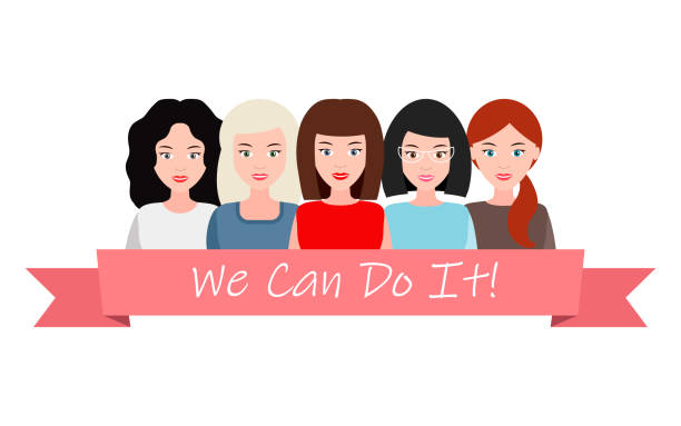 We Can Do It. Symbol of female power, woman rights, protest, feminism. Vector. We Can Do It poster. Strong girl. Symbol of female power, woman rights, protest, feminism. Vector illustration. Group of positive women with smiles, United by a pink ribbon rosie the riveter cartoon stock illustrations
