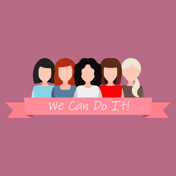 We Can Do It. Symbol of female power, woman rights, protest, feminism. Vector. We Can Do It poster. Strong girl. Symbol of female power, woman rights, protest, feminism. Vector illustration. Group of positive women without a face, United by a pink ribbon rosie the riveter cartoon stock illustrations