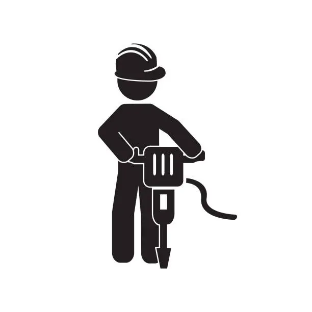 Vector illustration of Construction worker with jackhammer drill, pneumatic drill vector icon