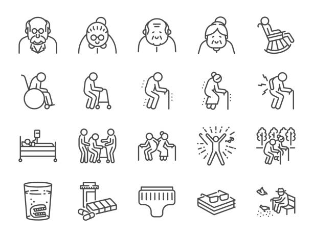 Old man line icon set. Included icons as older people, aging, healthy, senior, life and more. Old man line icon set. Included icons as older people, aging, healthy, senior, life and more. disabled adult stock illustrations