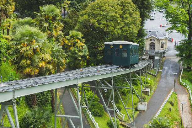 Funicular cars traveling on tracks in Pau, France stock photo