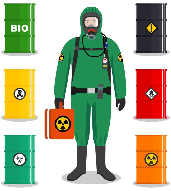 산업 개념입니다. 보호 소송에서 노동자의 자세한 그림. 석유, 바이오 연료, 폭발성, 화학적, 방사성 독성, 위험, 인화성 및 유독 물질에 대 한 금속 배럴. - radiation protection suit biology danger biochemical warfare stock illustrations
