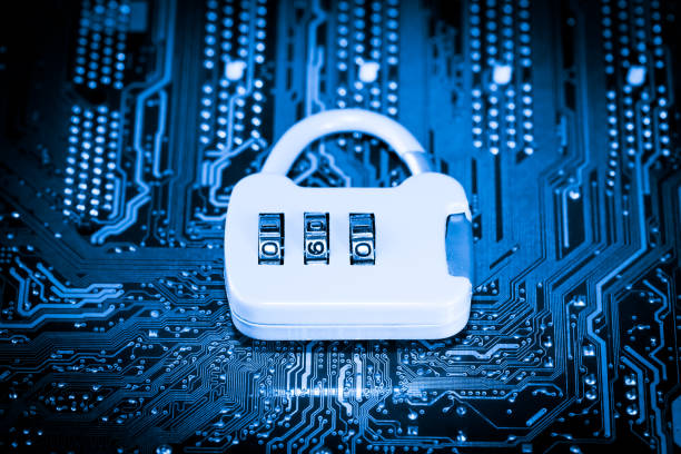 istock Abstract,close up of Lock on Mainboard Electronic computer background. (best internet top security) 1137906539