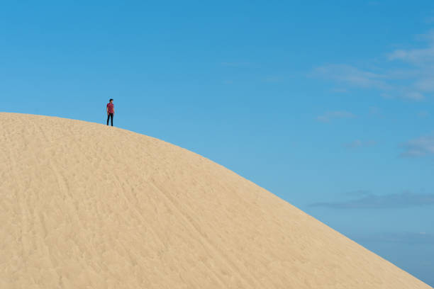 istock Low Angle View Of Man Standing On Sand Dune Against Blue Sky 1137907308
