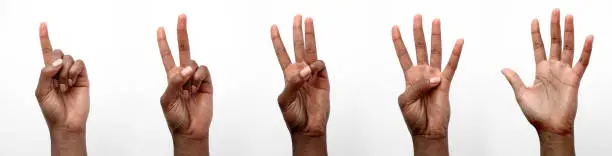 Black female African hands displaying number gestures in front of a white background