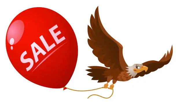 Vector illustration of Flying eagle holds sale balloon. Cartoon styled vector illustration. Elements is grouped.