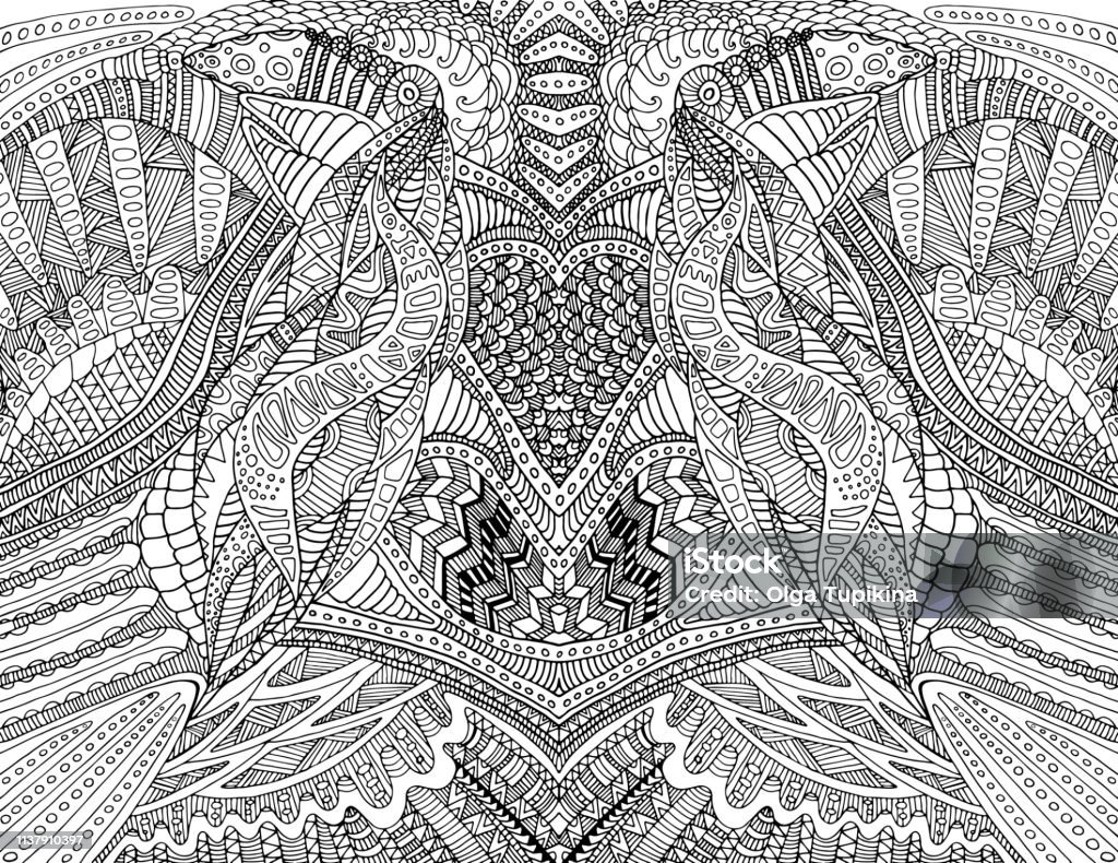 Coloring page abstract pattern, maze of ornaments. Psychedelic stylish card. Vector hand drawn illustration Antistress psychedelic tribal background. Black and white symmetrical decorative element. Abstract stock vector