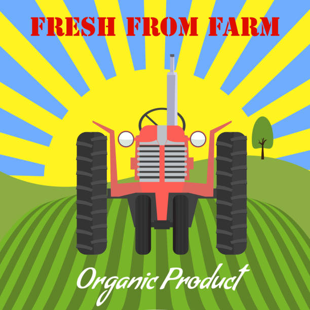 illustrations, cliparts, dessins animés et icônes de logo de tracteur avec le paysage de ferme et le soleil pour la conception d'étiquette ou de packege. illustration de vecteur plat. - healthy eating backgrounds freshness luxury