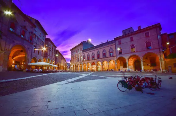 Sunset view of the piazza Santo Stefano at the evening, Bologna, Italy