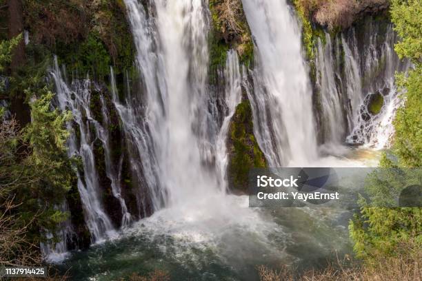 Close Up Of Burney Falls Waterfall With Rainbow Near Redding In California Stock Photo - Download Image Now