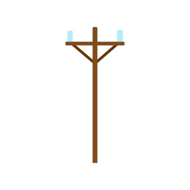 ilustrações, clipart, desenhos animados e ícones de ícone de madeira da linha eléctrica. linha de energia projeto liso do vetor - wood pole